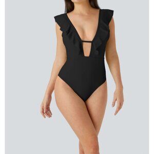 Halara One Piece Ruffle Deep Plunge Neck Cheeky Sz Small Black Swimsuit Womens S